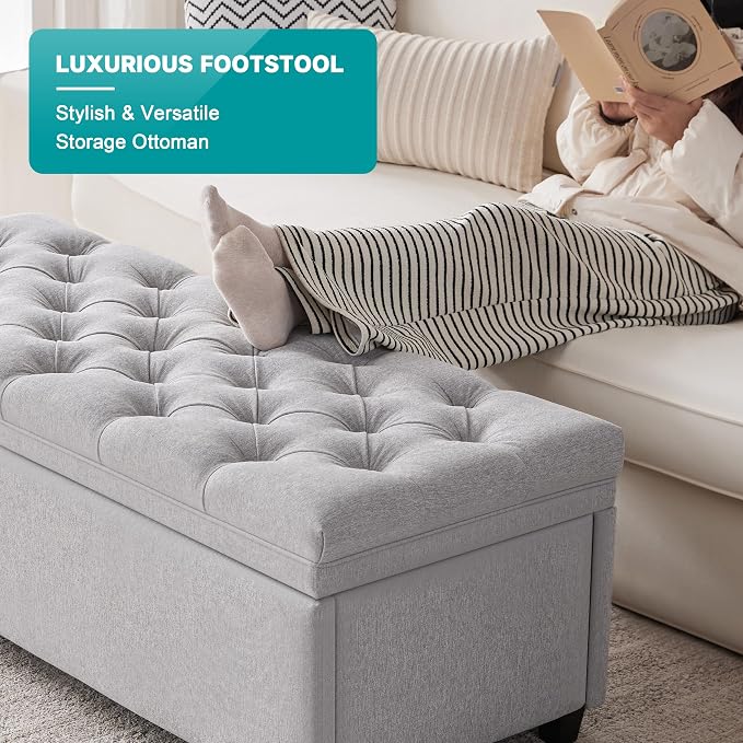 Mangodan 50" Storage Ottoman Bench, Tufted Ottoman with Storage for Living Room, Large End of Bed Ottomans, Modern Entryway Benchs, Window & Bedroom Benches for Foot of Bed (LightGray)