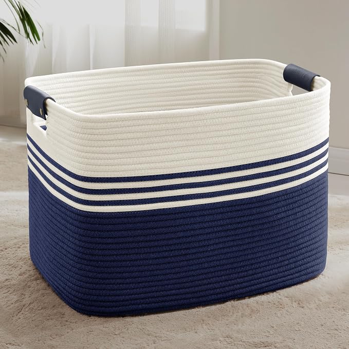 100L Extra Large Laundry Basket with Leather Handles for Living Room Storage, Woven Rope Baskets for Blanket, Kids Toy, Gifts, Wicker Hamper for Bedroom Dirty Clothes, 24"x16"x16" White Navy