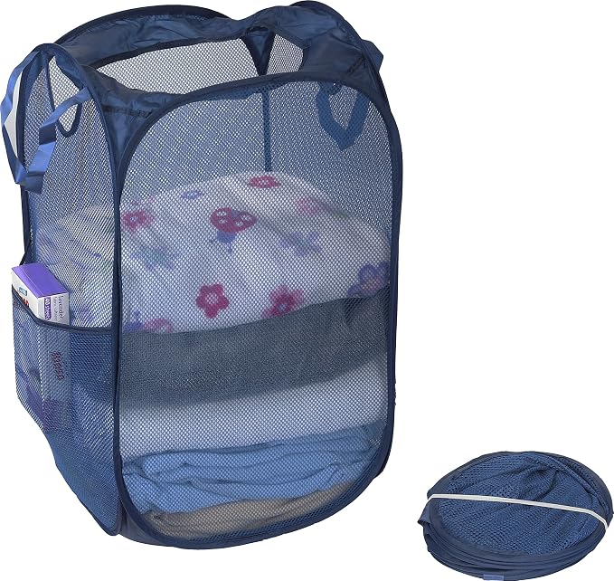 Simple Houseware Mesh Pop-Up Laundry Hamper Basket with Side Pocket, Dark Blue - 2 Pack
