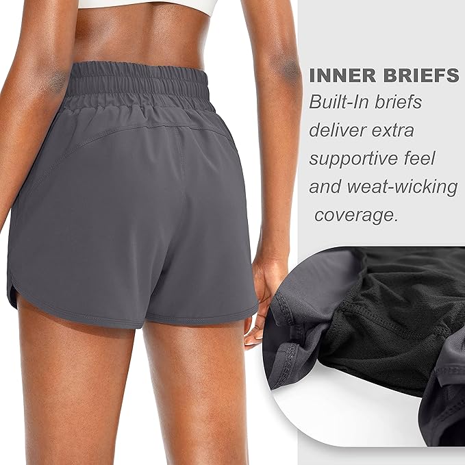 SANTINY Women's Running Shorts with Zip Pockets High Waisted Athletic Workout Gym Shorts for Women with Liner
