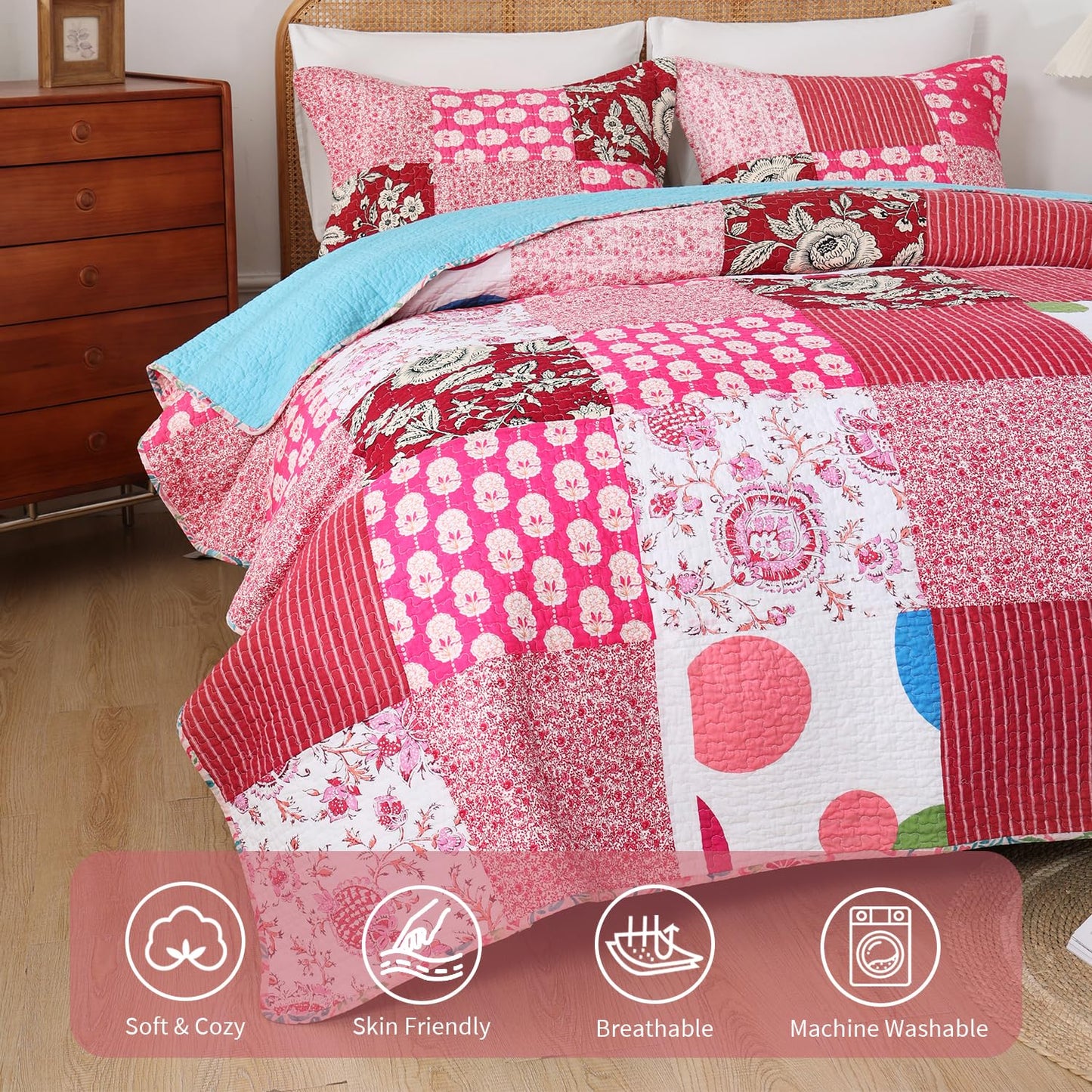 BOV Farmhouse Quilt Queen – 100% Cotton Patchwork Reversible Quilt Bedding Set, Pink Floral Cotton Quilt with Abstract Geometric Design, Bohemian Quilt Set with 2 Pillow Shams, Farmhouse Bedspreads