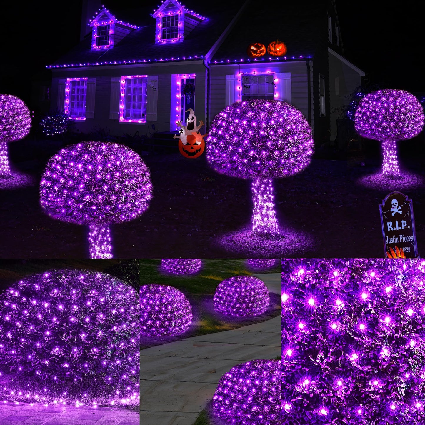 WBao Halloween Lights Outdoor 200LED F8 Big Bulbs, 8.4ft x 5.2ft Halloween Net Lights with 8 Modes, Timer, Connectable, Waterproof & Dark Green Wire for Lawn, Bushes, Trees Outdoor Decorations, Purple