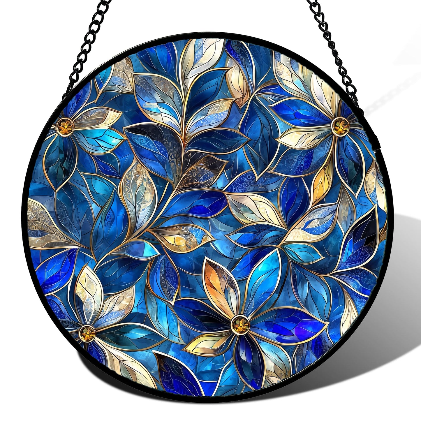 JOSUMALY Stained Glass Window Hanging - Blue Gold Abstract Flowers Suncatcher for Door Terrace Garden Home Decor, Plant Sun Catcher Birthday Gifts for Lovers Women Men Dad Mom Nana 9.8 in