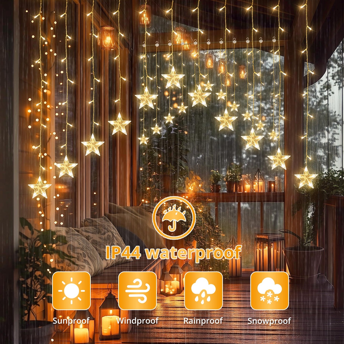 woohaha 118LED Star Icicle Lights,Window Curtain Light Plug in,8 Modes Timer Hanging String Lights,Connectable Warm White Star Lights for Bedroom Indoor Party Wedding Ramadan Christmas Decorations
