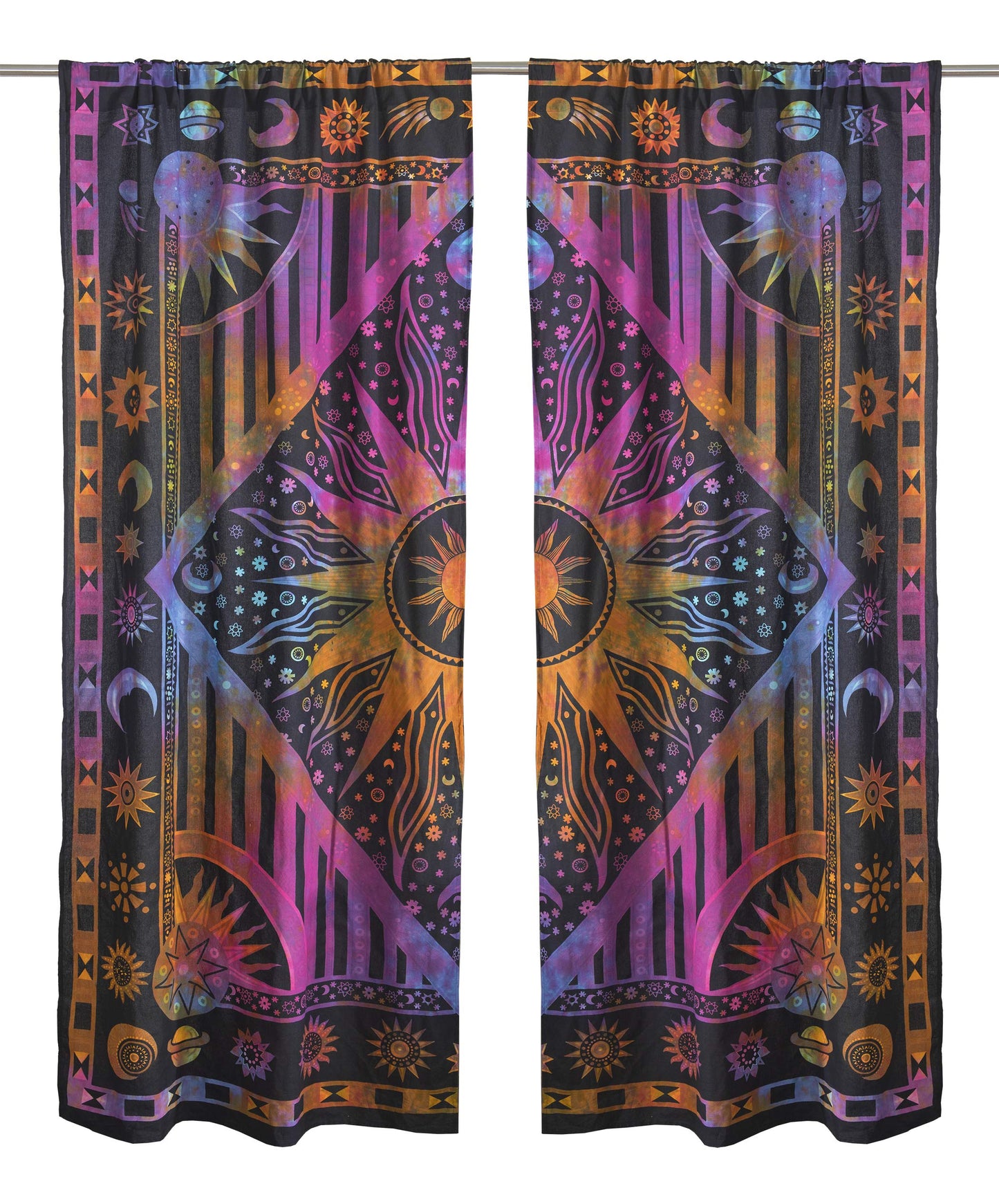 Popular Handicrafts Indian Burning Sun Hippie Mandala Window Curtains - Gypsy Tye Dye Bohemian Sun Moon Beautiful Drapery Bedroom Living Room Balcony Valance Panels Purple