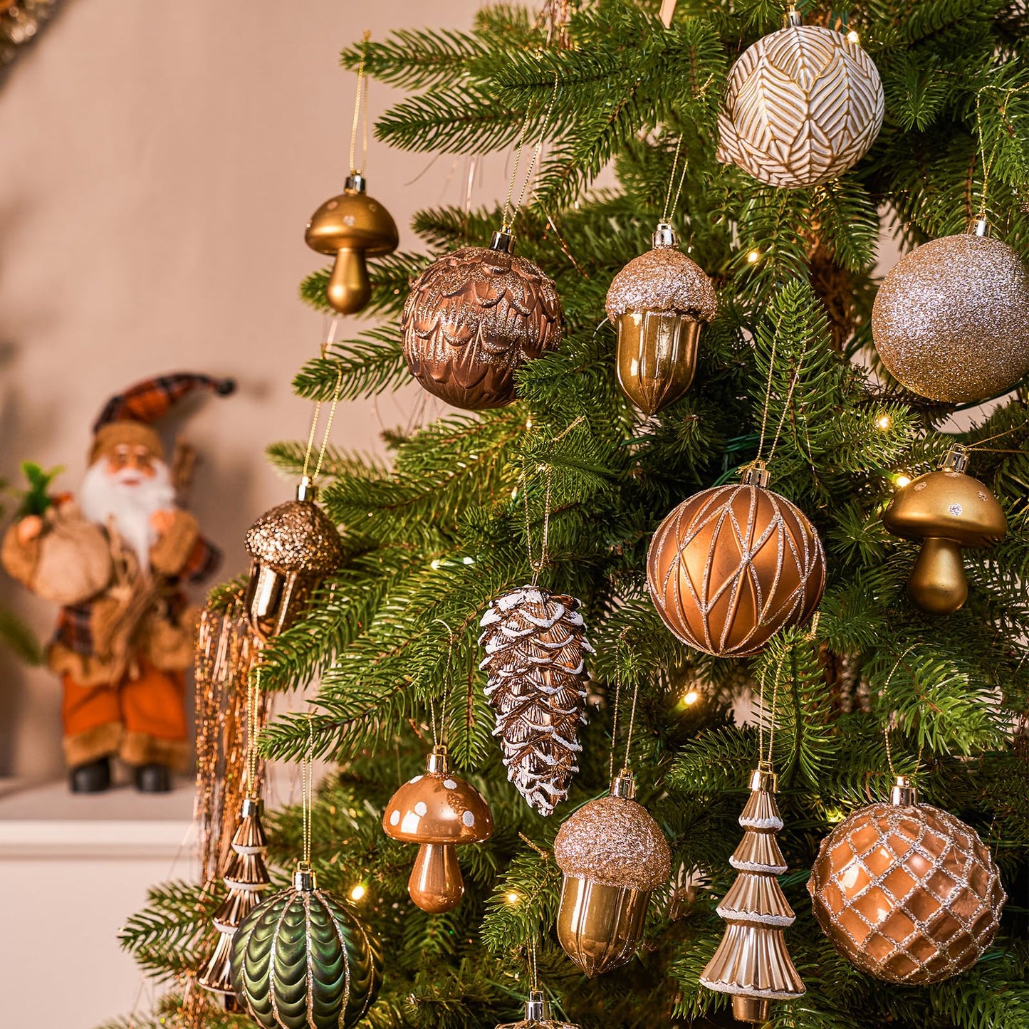 JORNOY Christmas Ornaments for Tree, Shatterproof Plastic Hanging Bulbs Set Decorations for Xmas Holiday Party with Lanyard, 36 Pack, Earth Tone