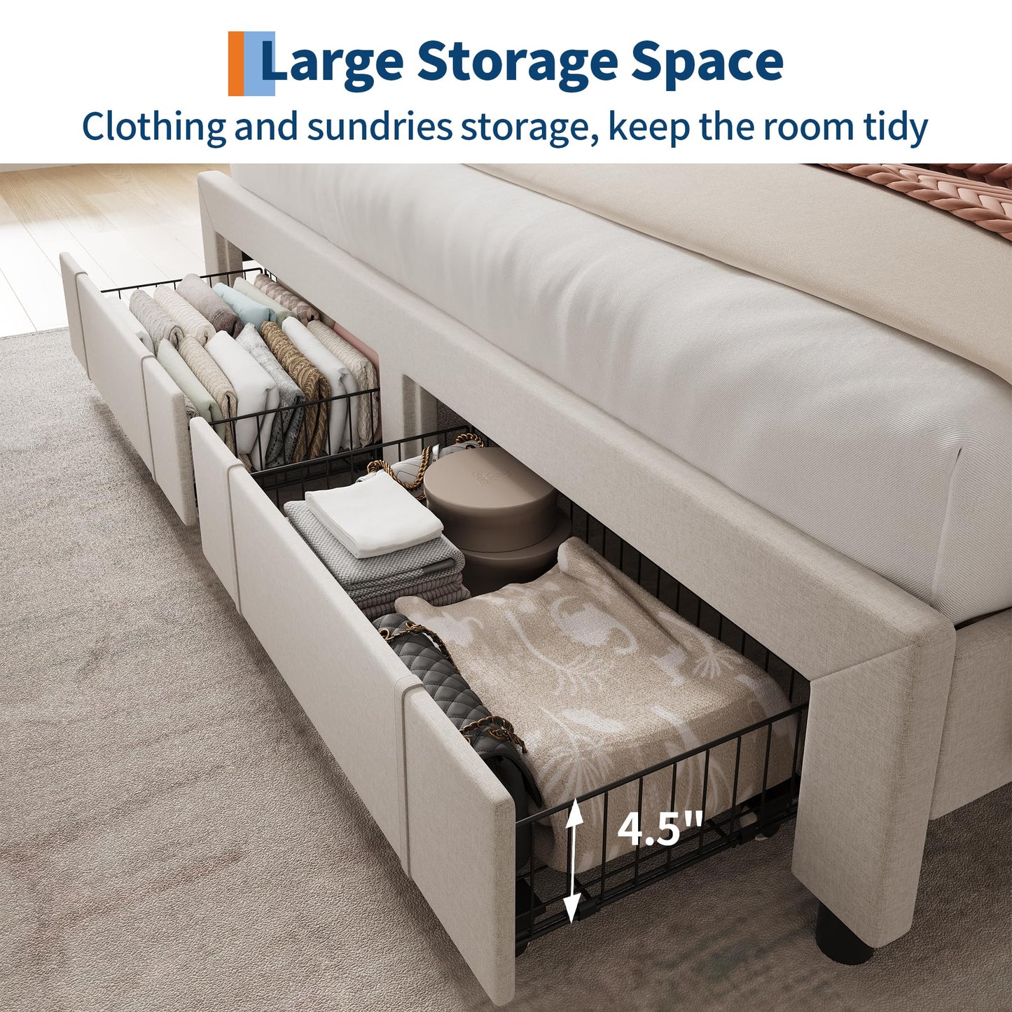 Garvee Upholstered Bed Frame King Size with Storage Headboard and Charging Station, Platform Bed Frame with Drawers, Heavy Duty, No Box Spring Needed, Easy Assembly, Beige