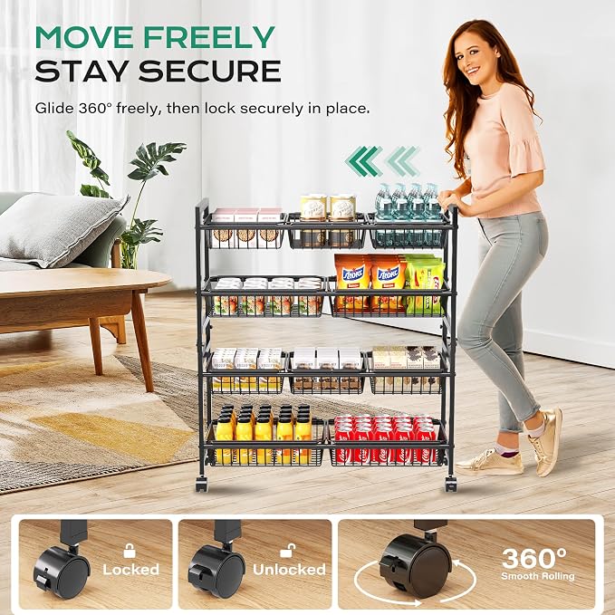 Cinati 4-Tier Snack Cart with Wheels, 29''W Toy Storage Organizer, Rolling Pantry Storage Cart with 10 Wire Baskets & Handle,Adjustable Metal Snack Rack, Kitchen Organizer for Fruit, Vegetables(Black)