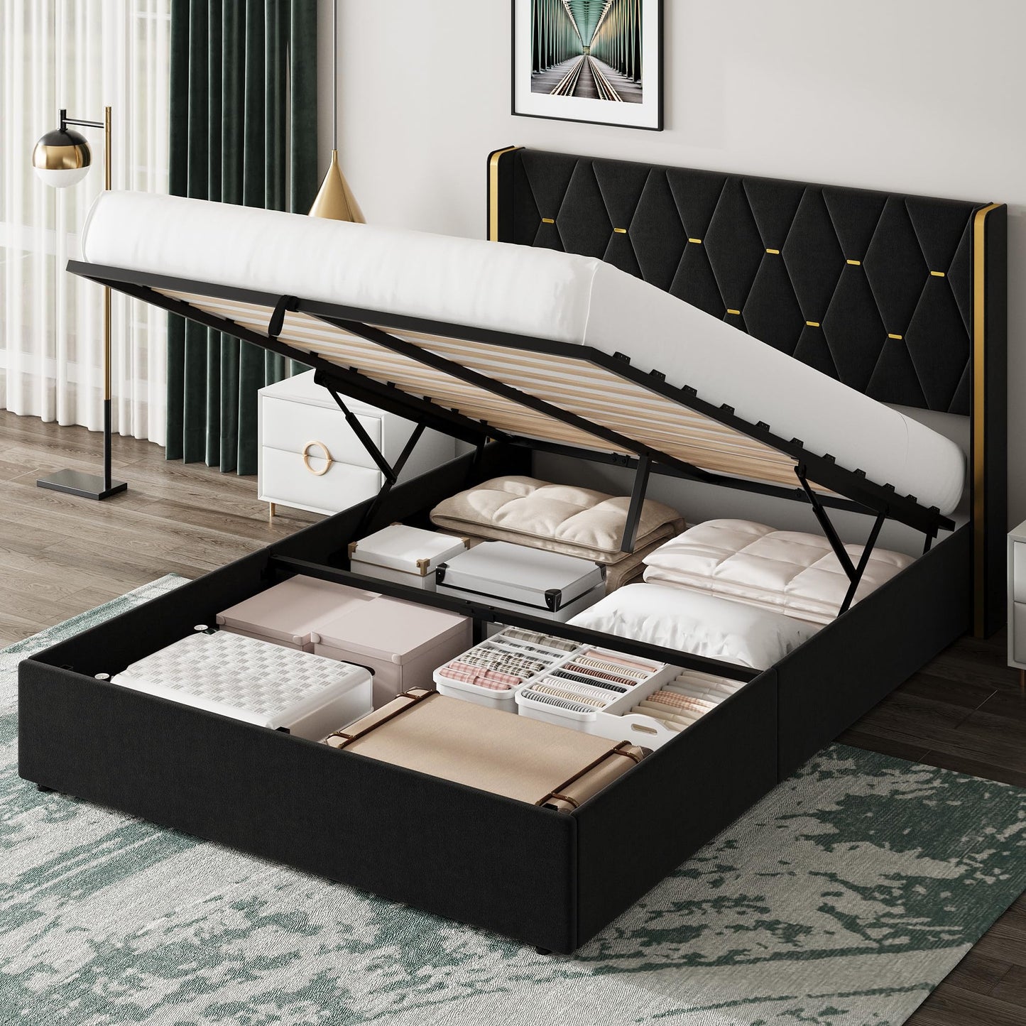 Garvee Queen Size Lift Up Storage Bed Frame with with Gold Wingback Headboard, Velvet Upholstered Bed Frame with Diamond Tufted Design & Gold Trim, Hydraulic Support, No Box Spring Needed, Black