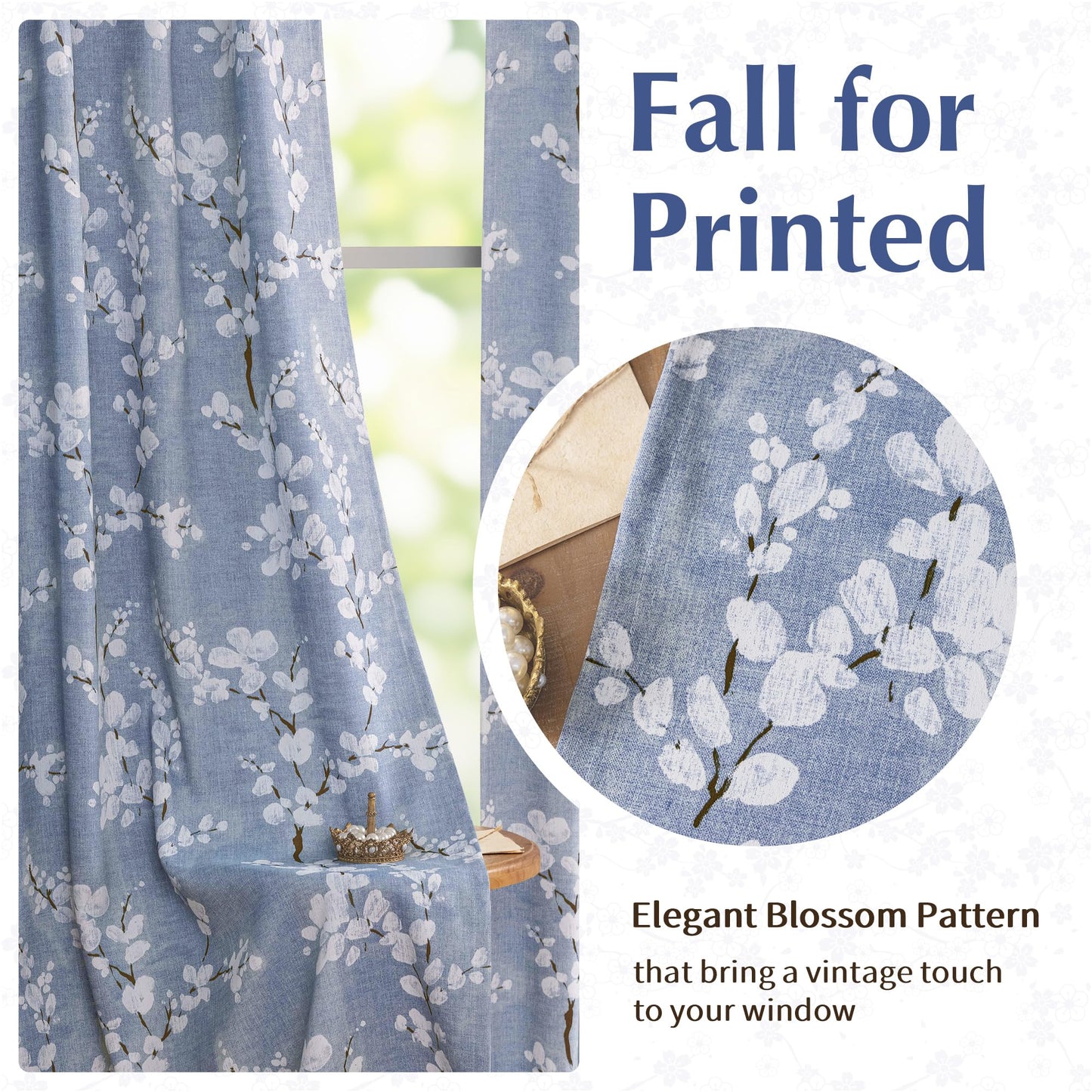 FMFUNCTEX 100% Blackout Floral Curtains for Bedroom, Blue Curtains 84 inches Long Blossom Flower Patterned for Living Room,Thermal Insulated Farmhouse Drapes, Grommet Top 2 Panels (White on Blue)