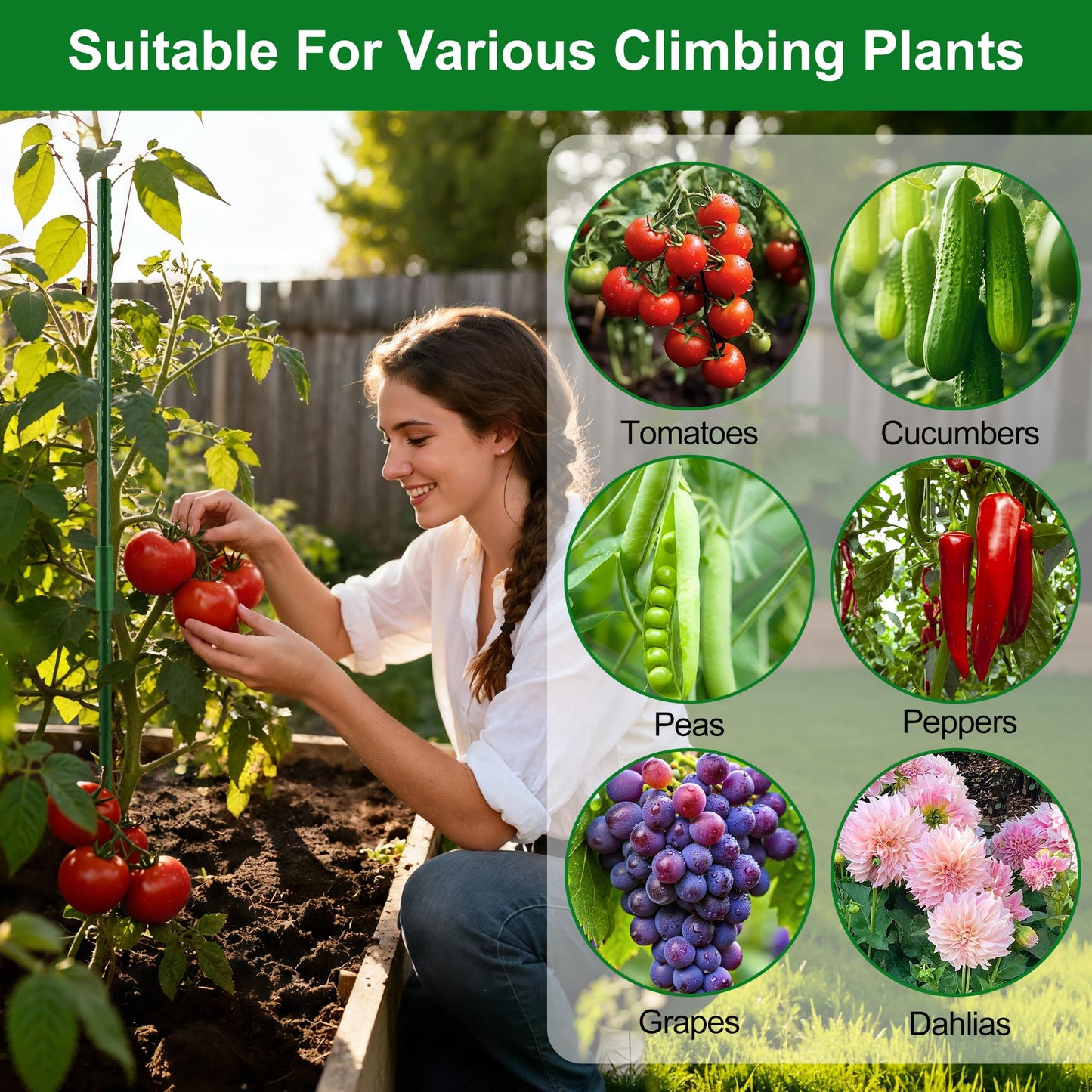 WAENLIR Garden Stakes16 Inch 48 Pack, Tomato cage DIY 4ft 5ft 6ft 7ft 8ft Plant Support Stakes with Connectors and Clips, Plastic Coated Metal Sticks for Tomato Indoor Outdoor