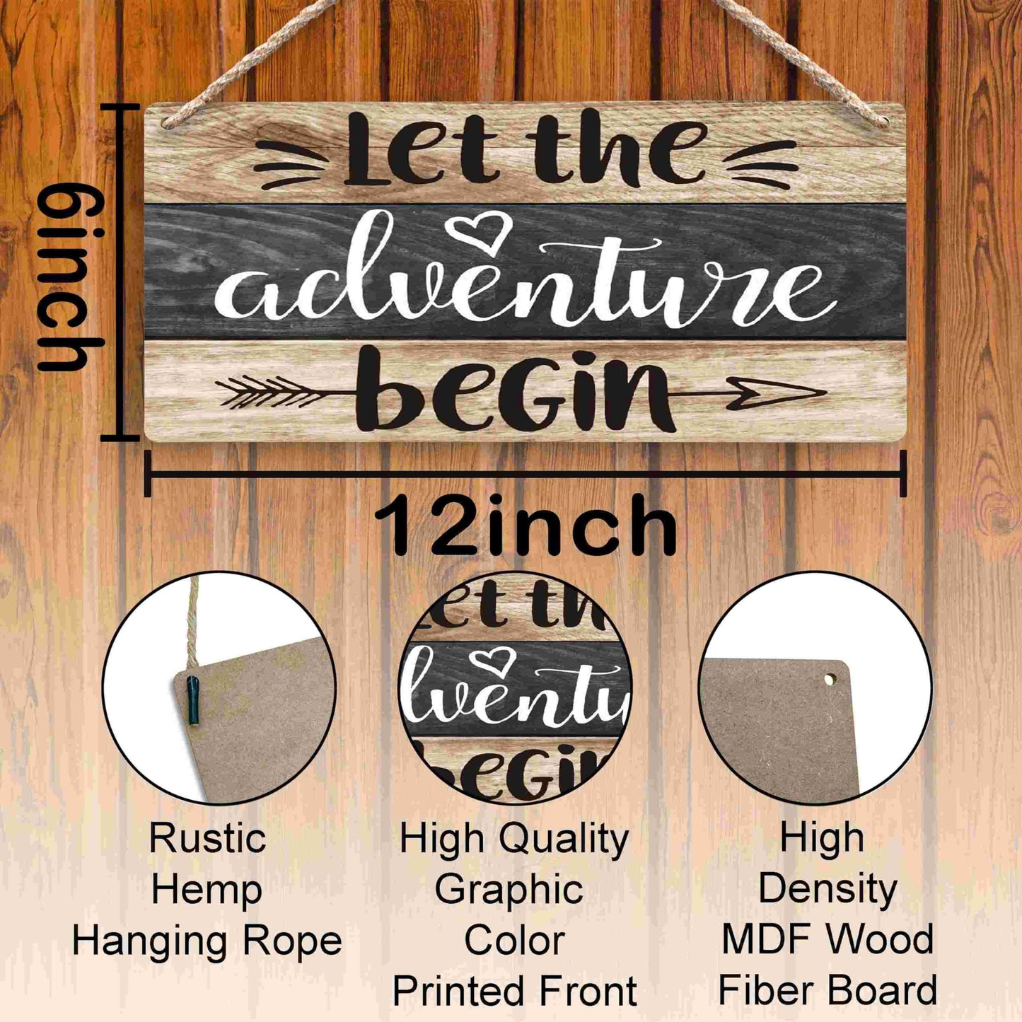 FUGWN Let the Adventure Begin Hanging Wooden Signs 12x6, Rustic Cabin Camper Home RV Wall Decor, Camping Lovers Home Decor Gifts for Camper Women Men