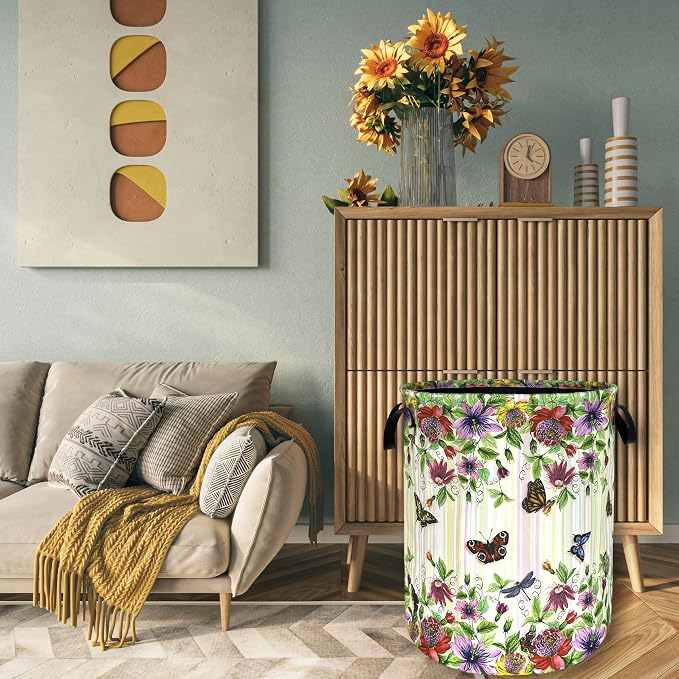 Beautiful Flowers Butterfly Laundry Basket Colorful Floral Laundry Hamper Foldable Oxford Cloth Cute Flower Tote Bag Clothes Toy Storage Bucket For Bathroom/Laundry Storage/Bedroom 18.9 x 16.5 Inch