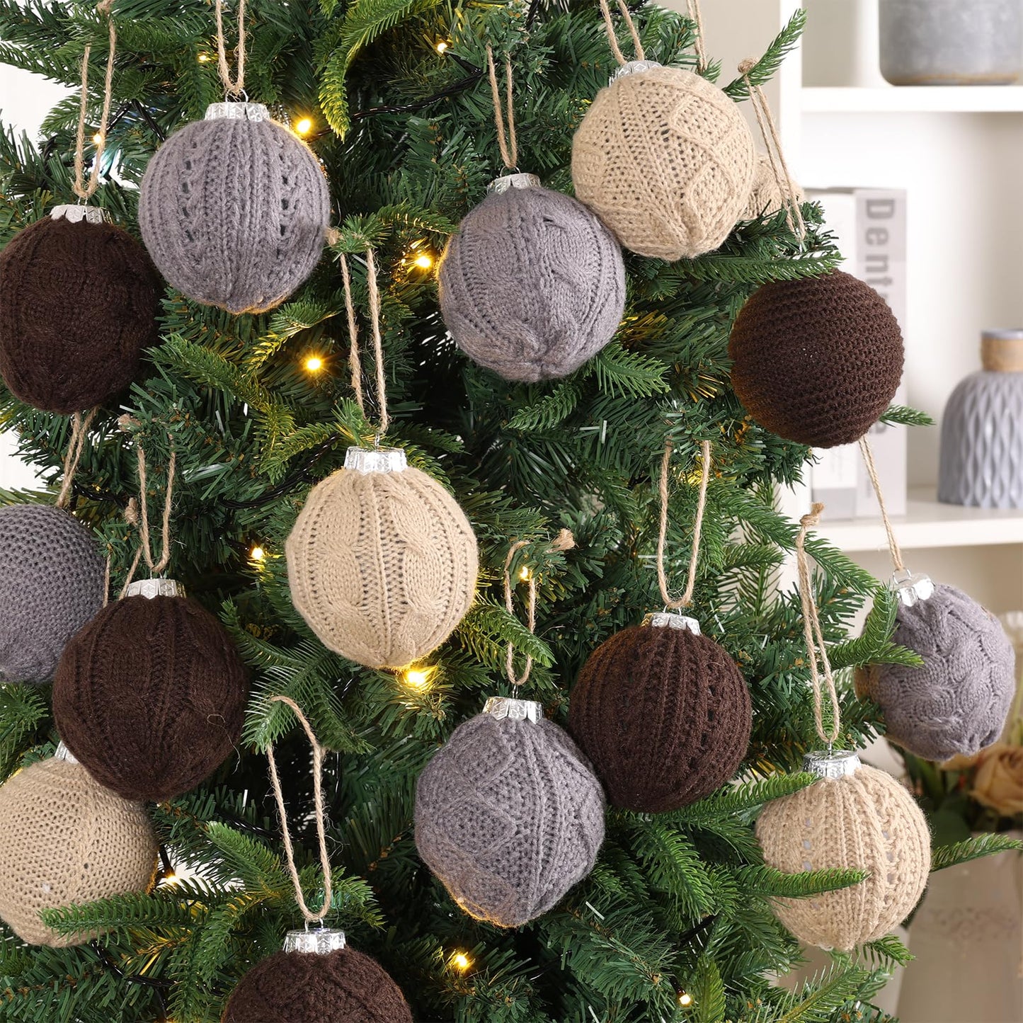 15-Pack Neutral Christmas Ornaments Crochet Christmas Balls - Handmade Style Yarn Ornaments,3.15 inch Knitted Cotton Baubles for Rustic Farmhouse Holiday Xmas Gift Decor (Grey Scheme)