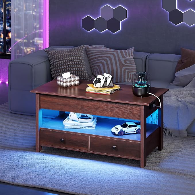 WLIVE Coffee Table, Lift Top Coffee Table with Drawers, LED Light, Large Storage and Open Shelf, Lift Tabletop for Living Room, Espresso