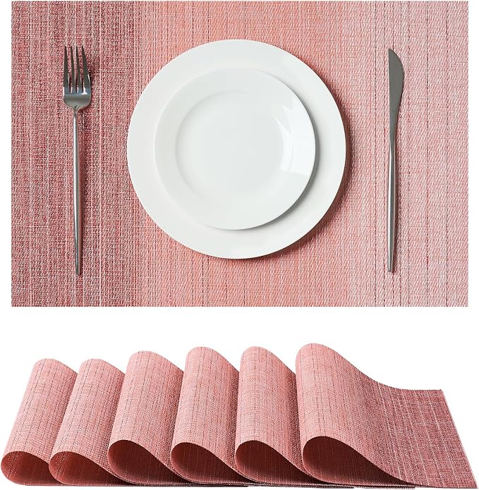 Leetaltree Gradient Pink Woven Placemats Set of 6 - Heat Resistant Non-Slip Place mats for Dining Table, Washable Durable PVC Vinyl Woven Table Mats(Gradient Pink, 6)