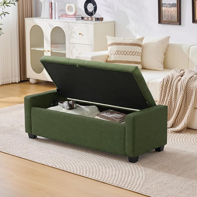 Huatean Home 48" Ottoman with Storage, Storage Ottoman Bench with Safety Hinge, Upholstered Entryway Bench with Seating for Bedroom, Living Room, Holds up to 330 lb, Green
