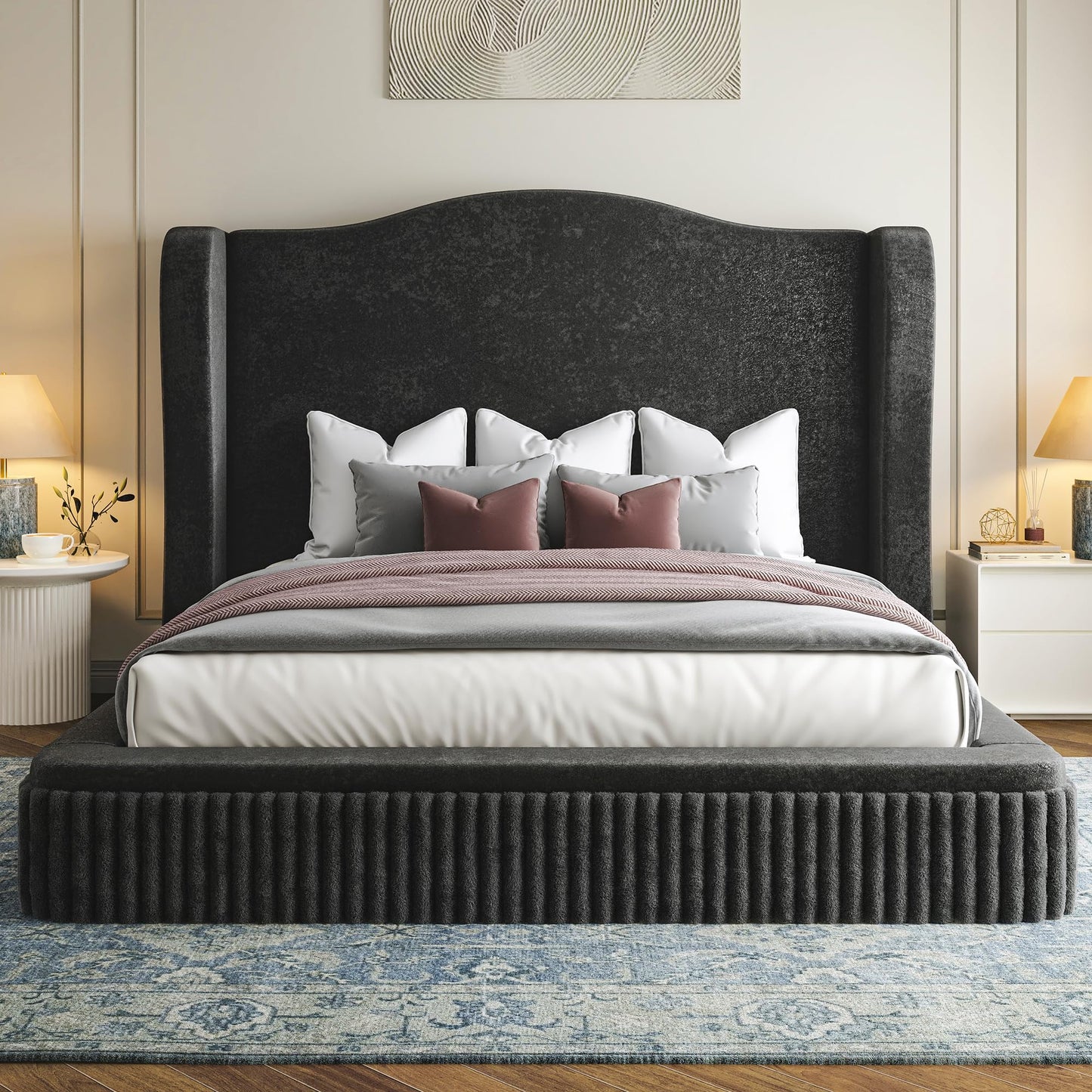 Homkdom Cloud Bed Frame Queen Size, Upholstered Platform Bed with Extra High Wingback Headboard, Shimmering Fabric & Thick Corduroy Design for Stability, No Box Spring Needed, Easy Assembly, Black