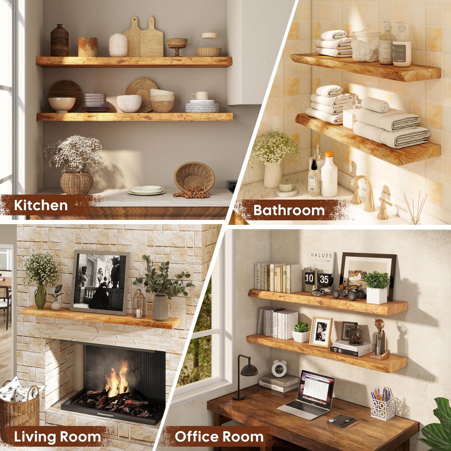 Realgulf Floating Shelves Set of 2, Solid Elm Wood Wall Shelves 24 Inch - Invisible Bracket Mount for Living Room, Bedroom, Kitchen, Bathroom - Natural