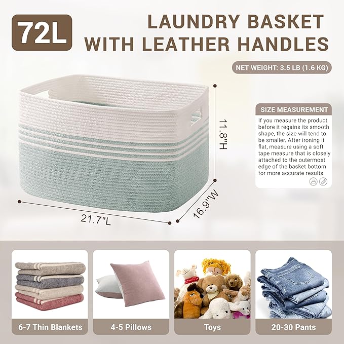 72L Large Laundry Basket for Living Room Storage, Woven Rope Baskets Bin for Blanket, Kids Toy, Gifts, Wicker Hamper for Bedroom Dirty Clothes, 22"x17"x12"White Green