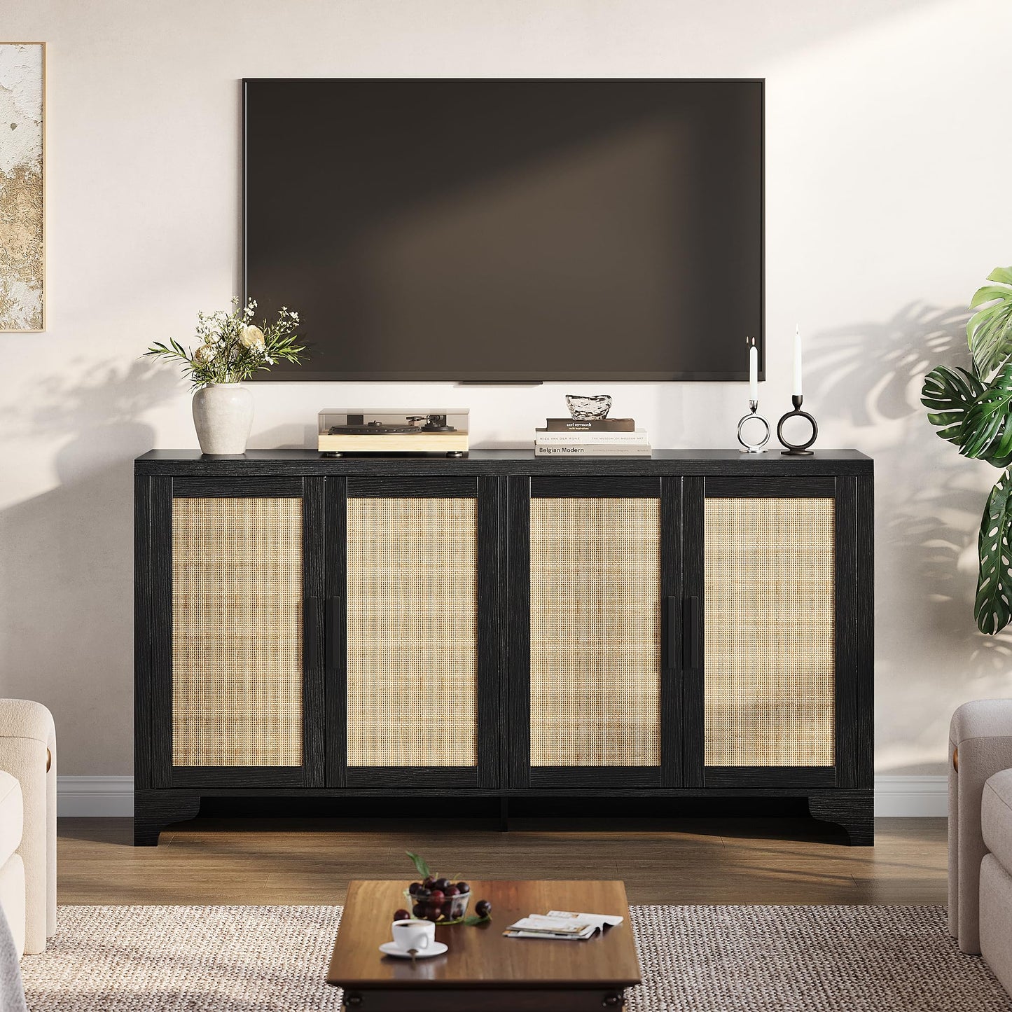 Farmhouse Large Sideboard Buffet with Natural Rattan Doors, 4-Door Storage Cabinet for Kitchen, Living Room, or Entryway, Spacious Storage Solution, Rustic Accent Cabinet for Home Organization
