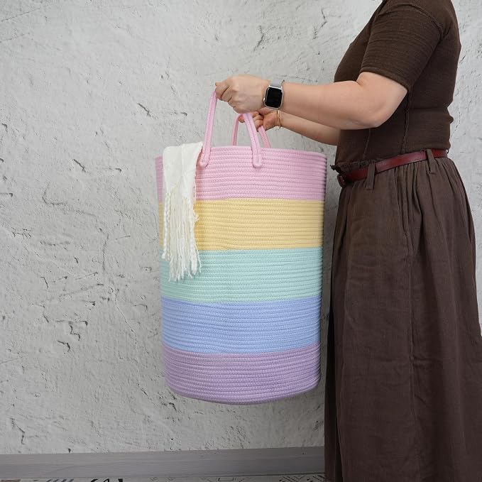 XUANGUO Rope Laundry Basket Hamper for Kids Girl Woven Storage Basket for Living Room Bedroom Boho Tall Baskets for Blanket Toys Pillow Towels Baby Nursery Hamper Bin rainbow Large