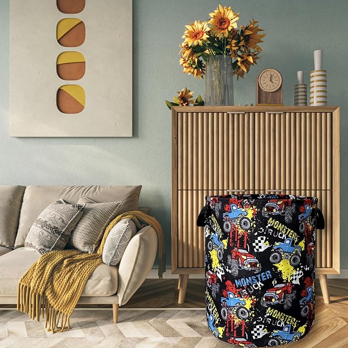 Funny Cars Printed Laundry Basket Foldable With Handles Tote Bag Oxford Cloth Colorful Laundry Hamper Clothes Storage Bucket Toy Organizer 18.9"x16.5"For Bathroom/Laundry/Bedroom