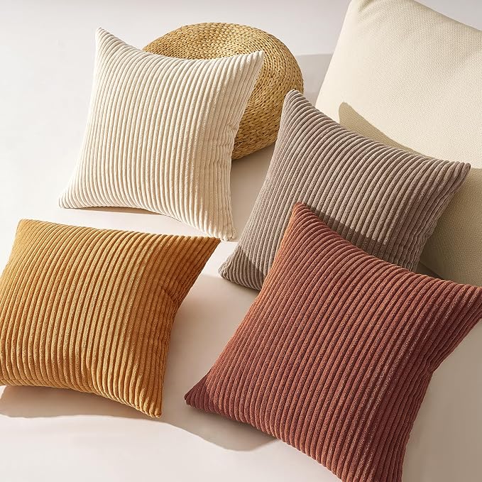 Topfinel Boho Throw Pillow Covers 18x18 Inch Set of 4 Soft Farmhouse Corduroy Striped Decorative Cushion Cover Yellow Brown Gradient Rustic Pillow Case for Sofa Couch Living Room Bedroom