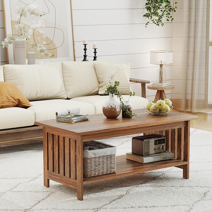 YOSHOOT 39.4" Farmhouse Coffee Table, Small Coffee Tables for Living Room | Rerto Wood, 2 Tier Coffee Table with Storage, Tea Table for Living Room Bedroom Small Space