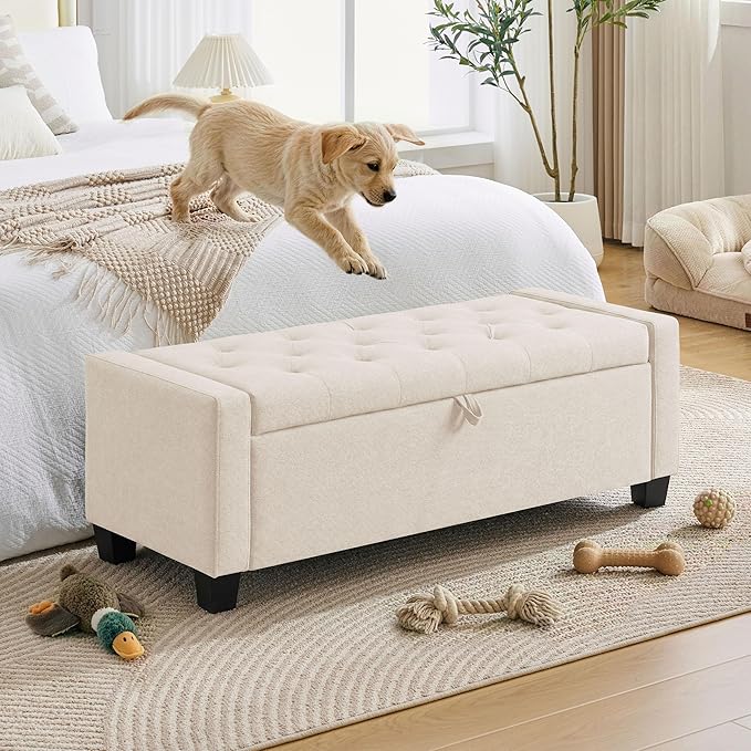 Huatean Home 43" Ottoman with Storage, Storage Ottoman Bench with Safety Hinge, Upholstered Entryway Bench with Seating for Bedroom, Living Room, Holds up to 330 lb, Beige