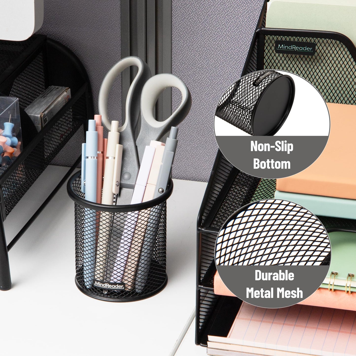 Mind Reader Pen and Accessories Holder, Desktop Organizer, Office, Metal Mesh, 3.5"L x 3.5"W x 3.75"H, Set of 3, Black