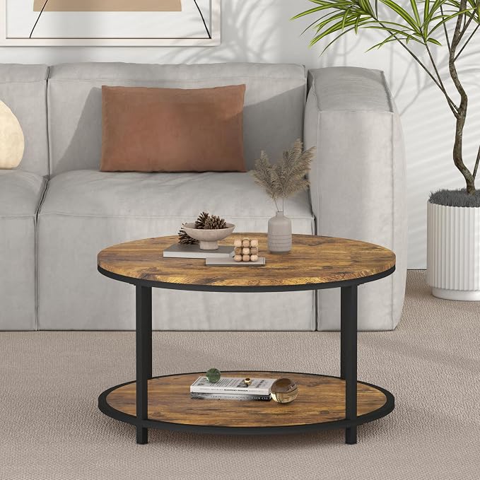 NSdirect Round Coffee Table, 27.6" Small Coffee Table for Living Room,2-Tier Rustic Wood Desktop with Storage Shelf Modern Design Home Furniture(Brown)