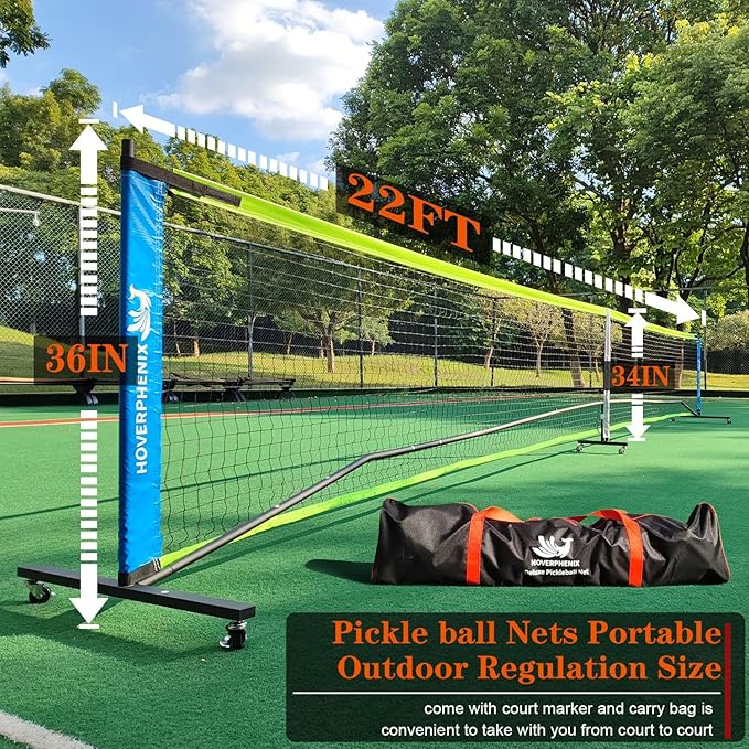 Hoverphenix Pickleball Net for Driveway, 22FT Regulation Size Pickleball Net with Paddles Set of 4, Pickleballs and Carry Bag for Outdoor Indoor Game