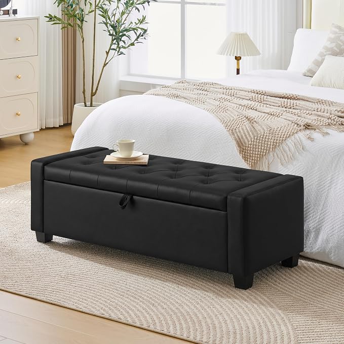 Huatean Home 48" Ottoman with Storage, Storage Ottoman Bench with Safety Hinge, Upholstered Entryway Bench with Seating for Bedroom, Living Room, Holds up to 330 lb, Light Black
