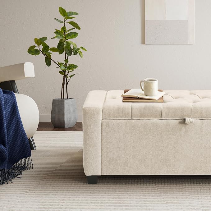 GRAINELL Storage Ottoman Bench, Upholstered Tufted Bedroom Bench with Storage, End of Bed Storage Bench for Living Room & Entryway, 350 lb Capacity, Linen Beige