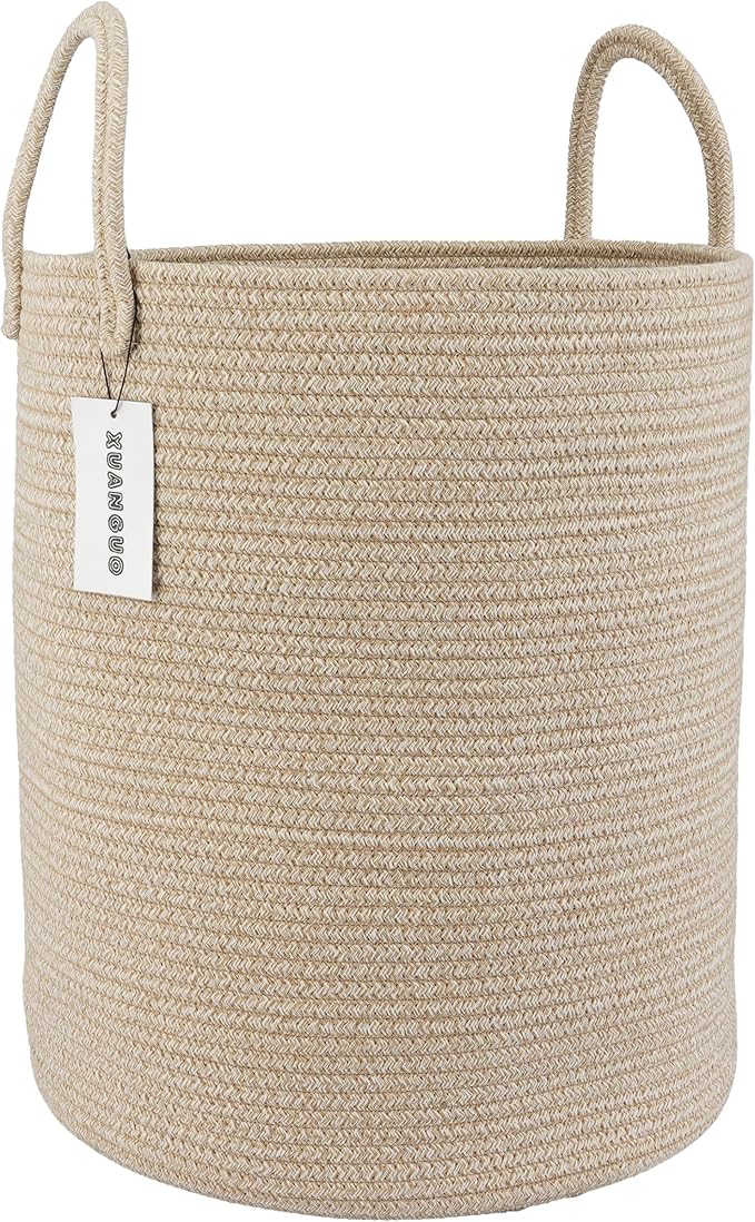 XUANGUO Cotton Rope Laundry Basket Hamper for Clothes Woven Storage Basket for Living Room Bedroom Boho Tall Rope Baskets for Blanket Toys Pillow Towels Baby Nursery Hamper Bin oatmeal
