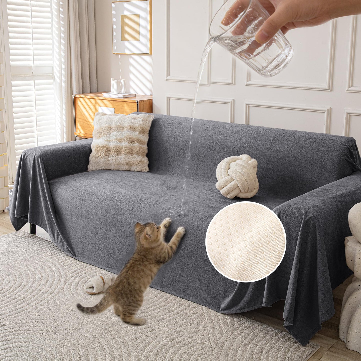 KaviKon Waterproof Couch Covers for 3 Cushion, Non Slip Cat-Scratch Resistant Sofa Couch Covers for Dogs, Pet Friendly Couch Protectors Slipcovers, Washable Furniture Covers for Pets, 71" x 118", Grey