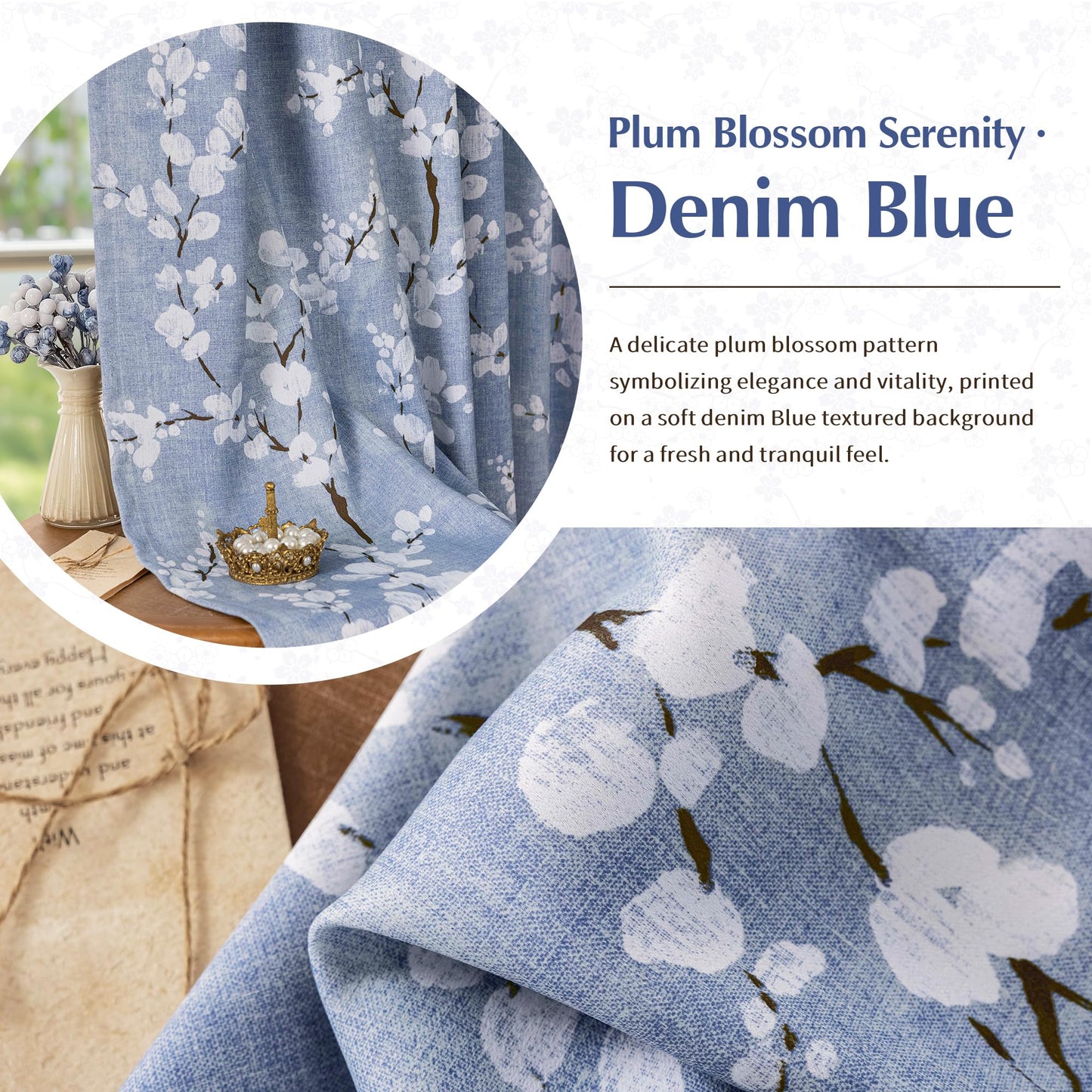 FMFUNCTEX 100% Blackout Floral Curtains for Bedroom, Blue Curtains 84 inches Long Blossom Flower Patterned for Living Room,Thermal Insulated Farmhouse Drapes, Grommet Top 2 Panels (White on Blue)