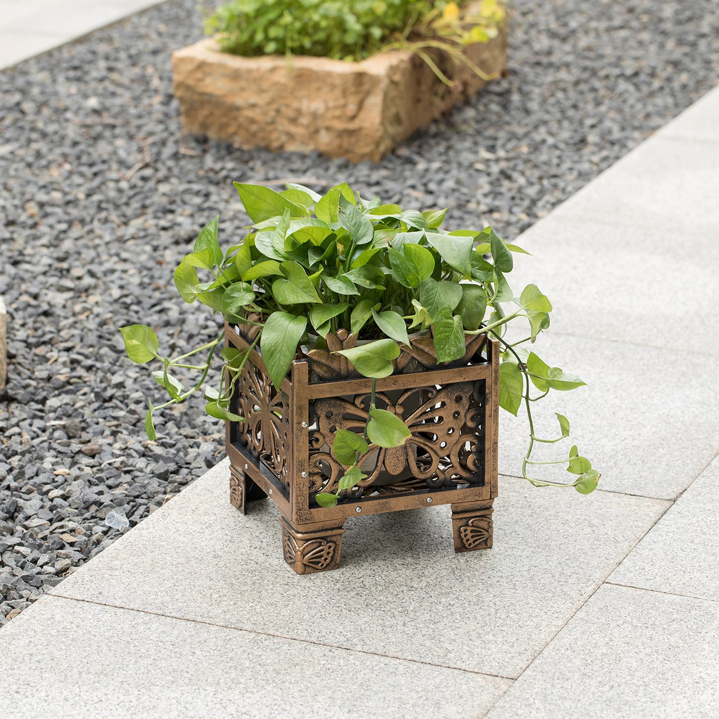 Set of 2 Outdoor Living Butterfly Square Plant Stands, Decorative Flower Planting Pots, Antique Bronze Finish, Garden Patio Decor