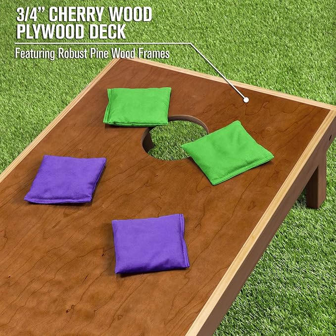 GoSports 4 ft x 2 ft Commercial Grade Cornhole Boards Set - Natural Wood Cornhole Boards, Choose from Different Bean Bag Color Combinations - Purple & Bright Green