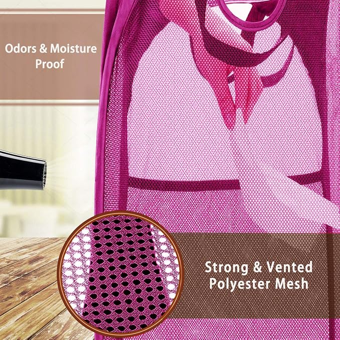 Strong Mesh Pop-up Laundry Hamper, Quality Laundry Basket with Durable Handles Solid Bottom High Carbon Steel Frame, Easy to Open and Fold Flat for Storage (Pink)