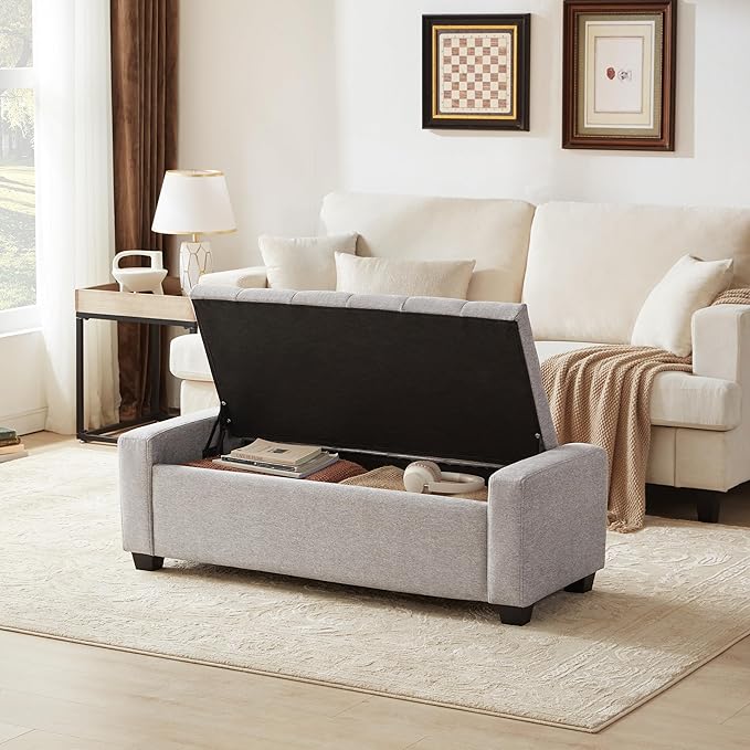 Huatean Home 48" Ottoman with Storage, Storage Ottoman Bench with Safety Hinge, Upholstered Entryway Bench with Seating for Bedroom, Living Room, Holds up to 330 lb(Light Gray)