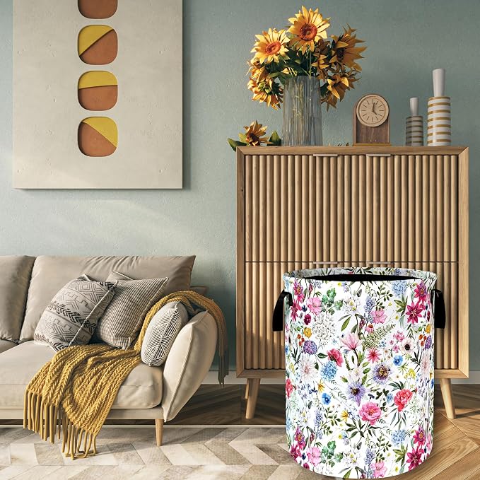 Watercolor Flower Floral Laundry Basket Foldable With Handles Tote Bag Oxford Cloth Colorful Laundry Hamper Clothes Storage Bucket Toy Organizer 18.9" x 16.5" For Bathroom/Laundry/Bedroom