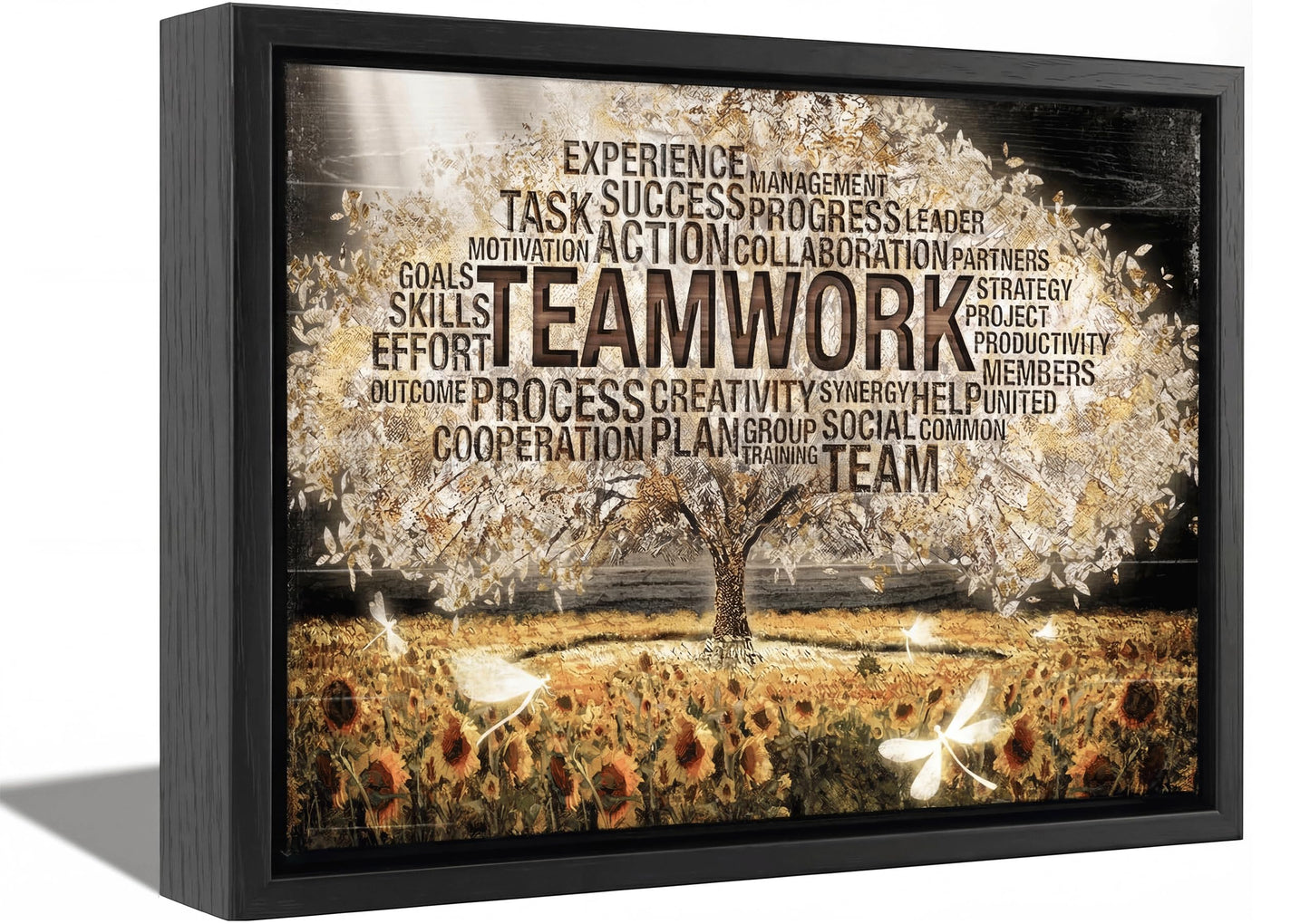 Framed Teamwork Tree Canvas Wall Art Inspirational Office Wall Decor Picture Motivation Positive Quotes And Sunflower Poster Print Painting for Living Room Bedroom Classroom Home Decoration
