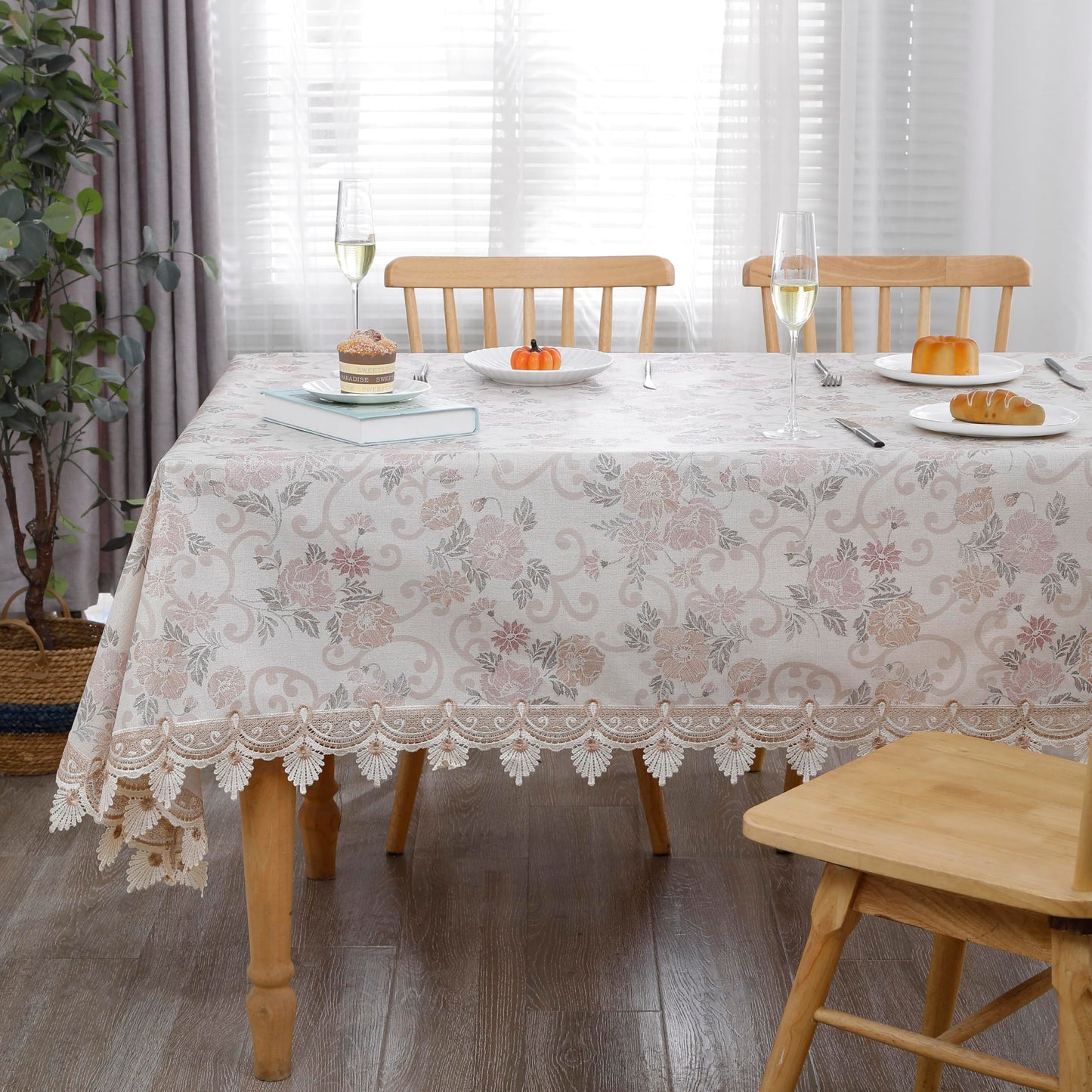 Walrus Heavy Duty Vinyl Tablecloth Elegant Floral Lace-Trimmed Tablecloth Vintage Flower Pattern, Waterproof Oil-Proof Plastic Table Cloth Stain-Resistant Wipeable(Floral Vintage, 60X60 Inch)