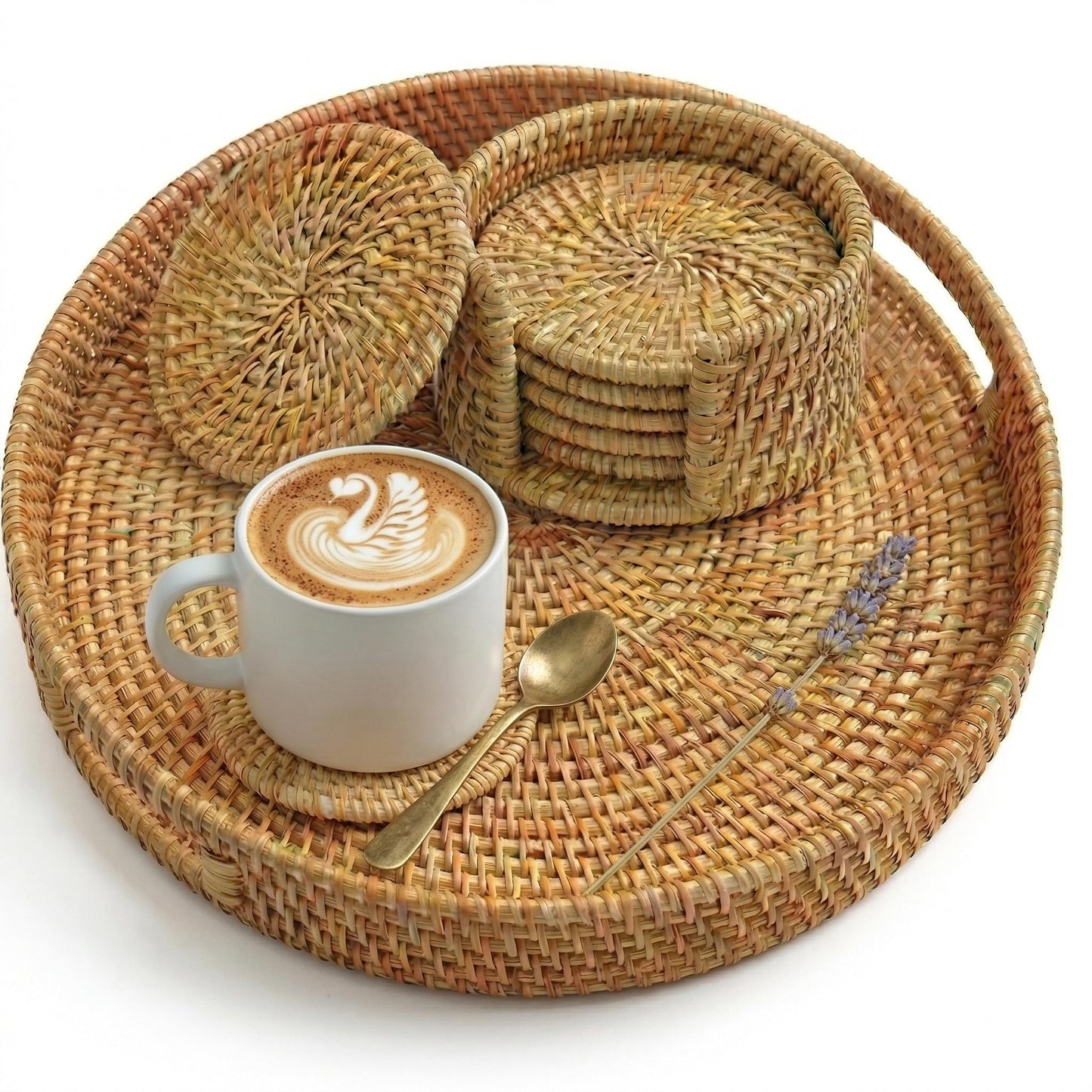 LXZNRQU Round Rattan Serving Tray & 6 Coasters Set with Holder - 11.8" Handwoven Natural Wicker Ottoman Tray with Handles - Decorative Boho Farmhouse Coffee Table Tray for Living Room Home Décor