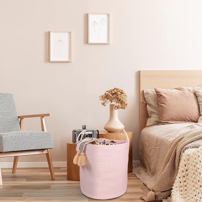 XUANGUO Cotton Rope Laundry Basket Hamper for Girls Kids Baby Nursery Hamper Bin Woven Storage Basket for Living Room Girls room Boho Tall Rope Baskets for Blanket Toys Large light pink