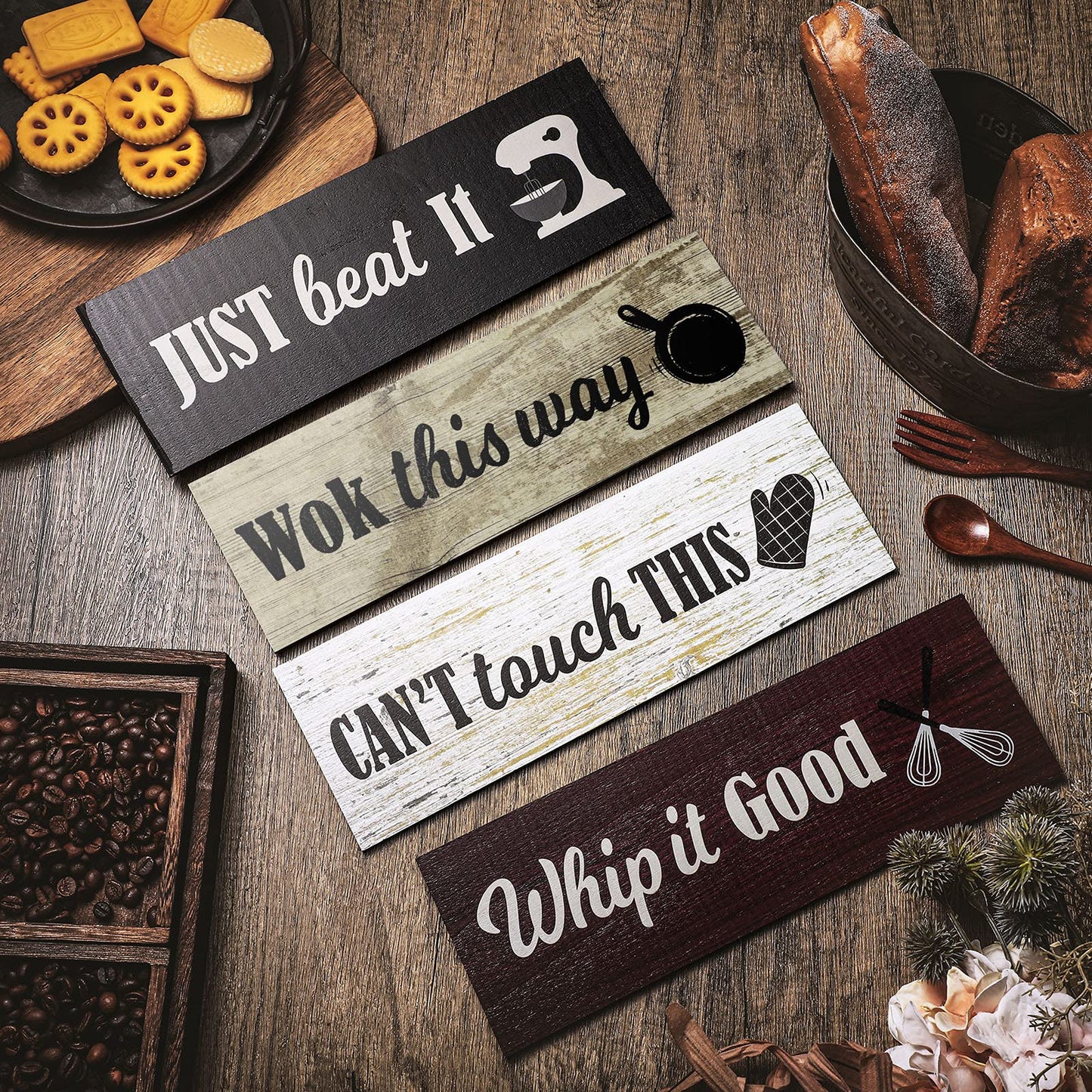 Jetec 4 Pieces Rustic Kitchen Wood Sign Decorations Kitchen Wall Signs Decor Above Cabinet Baking Prints Signs Family Farmhouse Hanging Wooden decoration for Home, 11.8 x 3.9 Inch(Classic Style)