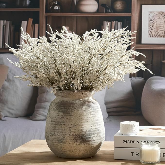 SIDUCAL Ceramic Rustic Vase, Whitewashed Terra Cotta Vase, Distressed Farmhouse Décor, Pottery Decorative Flower for Home Decor, Table, Living Room Decor, Shelf, Mantel, 7.3 Inch, Fired Terra Clay