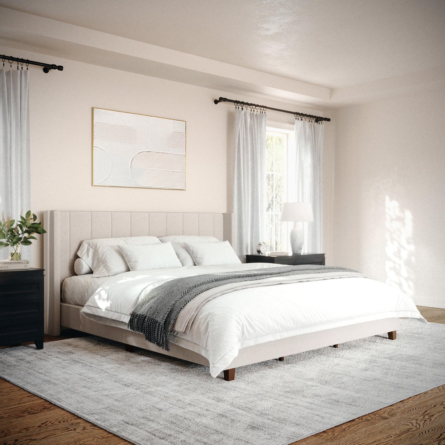 Martha Stewart Kay Low Profile Platform Bed with Wingback Headboard, Channel Stitched Faux Linen Upholstery, No Box Spring Needed, King, Beige